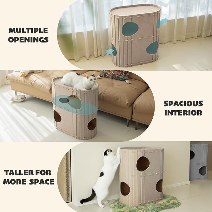 PETKARAY 2-Story Felt Cat House, Large Bed Cave for Indoor Cats, Felt Tunnel Hideaway Condo for Multi-Cat Households, 23.6x22x12 inches, Beige