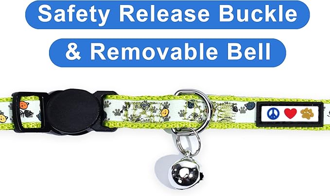 Pawtitas Pet Glow In The Dark Cat Collar with Safety Buckle and Bell Green Hook