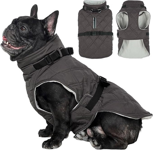 Kuoser Dog Coat Warm Fleece Lining Turtleneck Dog Jacket with Harness Built-in, Adjustable Windproof Cold Weather Coats with Quick Release Buckle Pet Winter Snowsuit for Extra Small Dogs, Grey XS