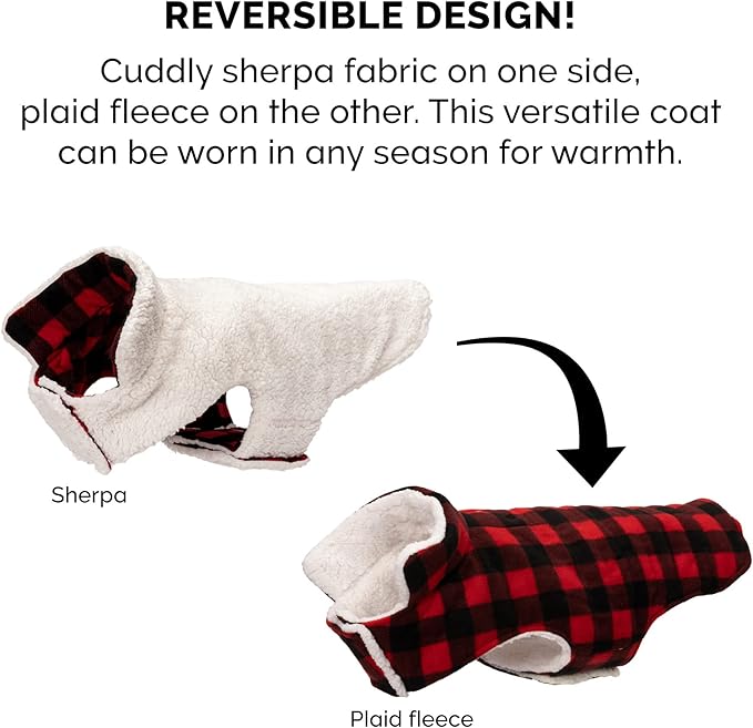 Furhaven Reversible Large Dog Coat, Washable & Insulating w/ Leash Access - Sherpa & Plaid Fleece Flex-Fit Jacket - Cream/Red, Large