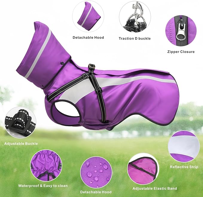 Mosucoirl Dog Raincoat Waterproof Raincoats for Dog Reflective Dogs Rain Jackets with Hood Hoodie Pet Rain Poncho Coat for Small Medium Large Dogs Puppies S-XXL (Purple, XXL)