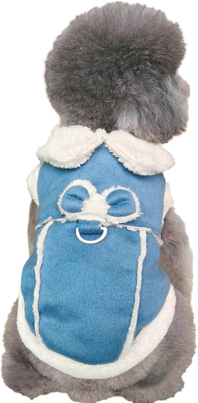 Jecikelon Bowtie Dog Cold Weather Coat Fleece Lining Warm Pet Puppy Turtleneck Dogs Winter Clothes for Small Dogs with D-Ring (Blue, X-Small)