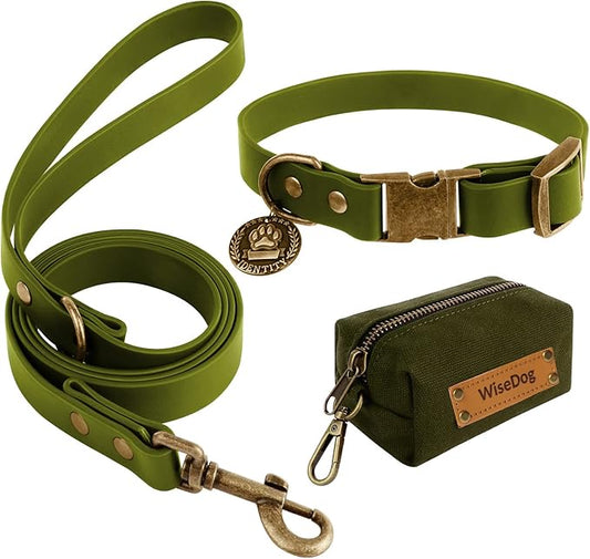 Wisedog Dog Collar and Leash Set, Waterproof Adjustable Puppy Collars with Cute Tag 6FT Dog Leash with Poop Bag for Small Medium Large Dogs (S, Green)