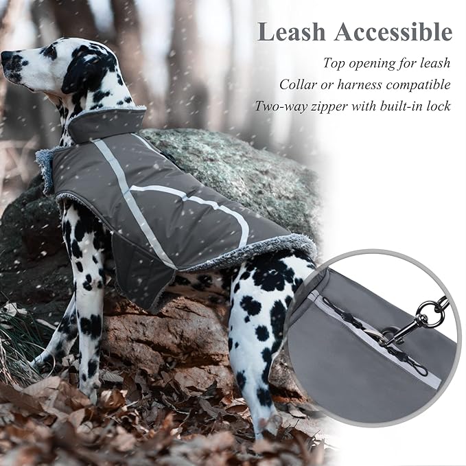 VIVAGLORY Frostfit Dog Coat, Dog Jacket for Winter & Cold Weather, Warm Fluffy Fleece Lined Water Resistant Reflective for Puppy, Coat with Velcro Fastening & Leash Hole, XL, Grey
