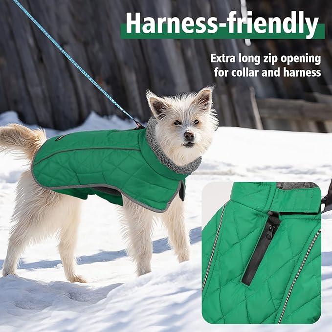 Fragralley Dog Coat Large, Waterproof Dog Jacket with Warm Fleece Lining, Adjustable Reflective Dogs Winter Coat, Turtleneck Pet Coats for Cold Weather (Green XL)