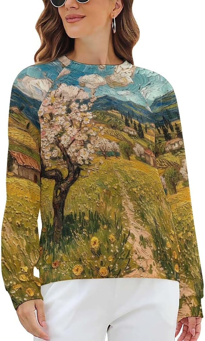 Long Sleeve Shirts for Women Cat Oil Painting Shirt 3D Graphic Sweatshirts Fall Pullover Crewneck Vintage Boho Tops