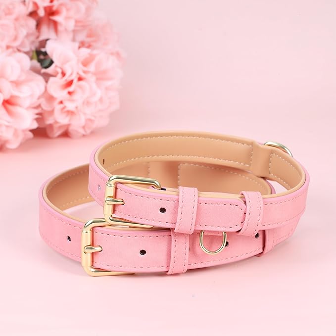 Leather Dog Collar for Small Medium Large Dogs, Soft Padded Dog Leather Collar with Heavy Duty Gold Buckle, Durable & Comfortable for Medium Dogs Daily Walking (Pink, M)