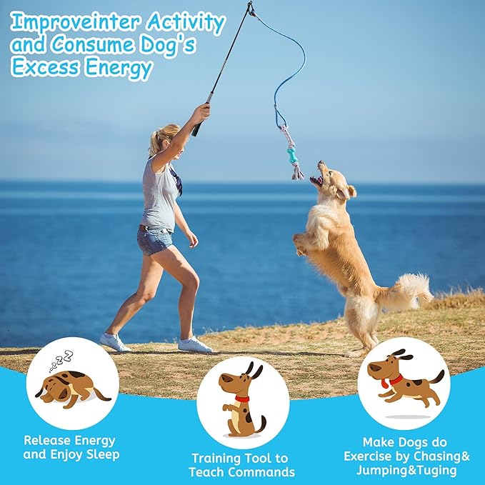 Aitmexcn Flirt Pole for Dogs Chase and Tug of War, Interactive Dog Toys for Large Medium Small Dogs, Dog Enrichment Toys with Rope Chewing Toys for Outdoor Training Playing Exercise