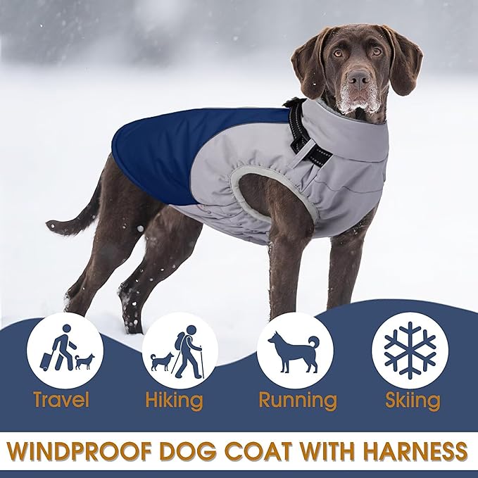 Dog Coat for Large Dogs,XXXL Waterproof Dog Jacket with Collar Built in,Reflective Winter Jacket with Fleece Lined Warm Cold Weather Coats for Extra Large Dogs,Pet Snow Jacket Suit,Blue,3XL