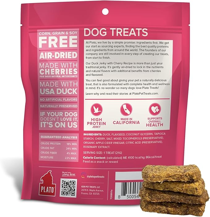 PLATO Pet Treats Jerky Dog Treats - Air-Dried Jerky for Dogs - Delicious, Real Meat Dog Treats - Grain Free - Supports Healthy Digestion - Duck Jerky with Cherry 7oz