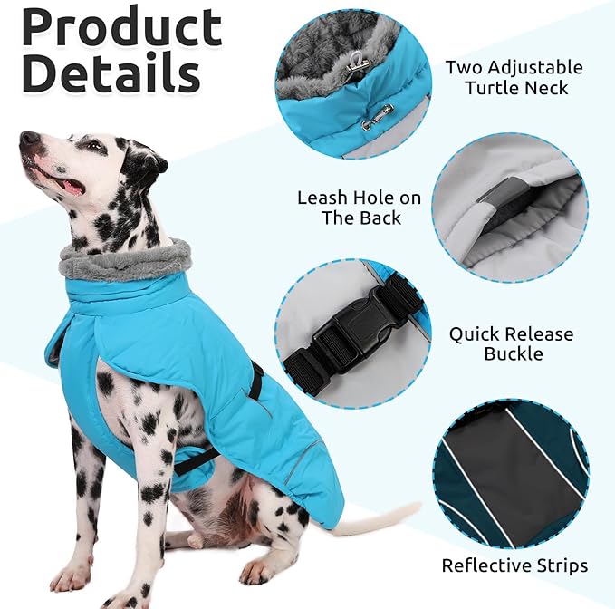 Queenmore Fleece Dog Coats, Dog Jackets for Large Breeds, Waterproof Windproof Winter Large Pet Coat Fall, Reflective Pet Jackets for Winter, Blue, XXXL