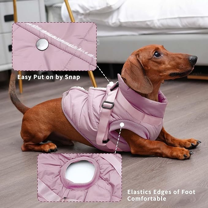 Dog Jacket with Harness,Fleece Lined Warm Puppy Coat for Winter,Soft Windproof Small Dog Vest,Light Pink XS
