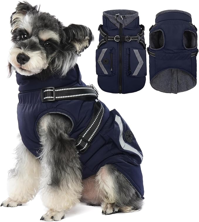 FUAMEY Dog Winter Coat Reflective Strips, Cozy Dogs Jacket with Harness Back Zipper, Fleece Lined Puppy Vest Thermal Clothes, Dog Cover for Cold Weather Snow Outfits, French Bulldogs (Dark Blue, M)