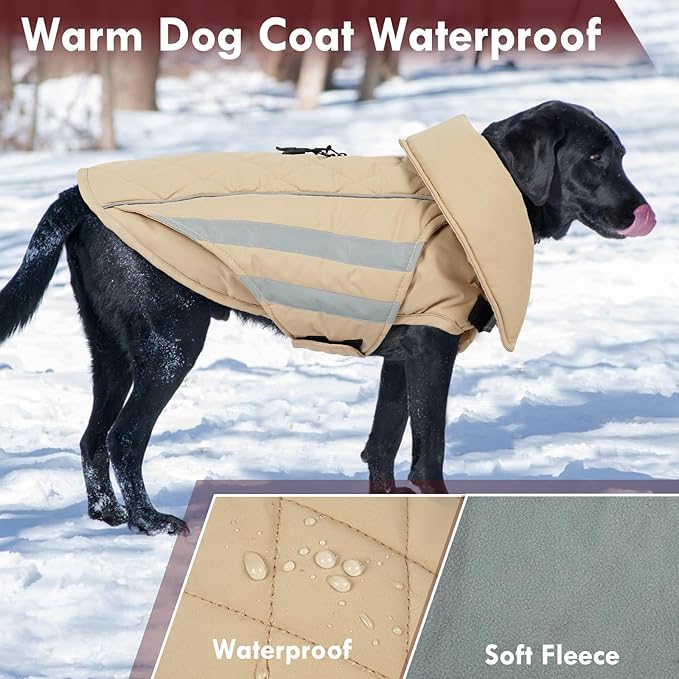 Large Dog Jacket Waterproof Warm Dog Winter Coats with Harness Hole Turtleneck Reflective Snowsuit Adjustable Fleece Coat for Dogs French Bulldog, Khaki L
