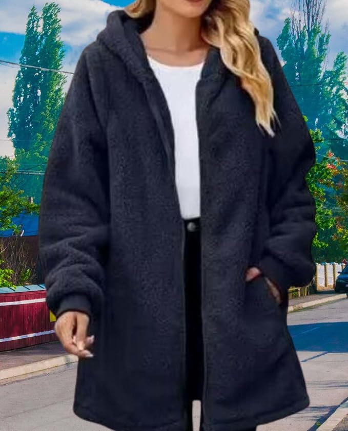LIZALIG Women's Oversized Fleece Jacket Hooded Zip-Up Cardigan Coat with Pockets Warm Winter Casual Wear for Vacation