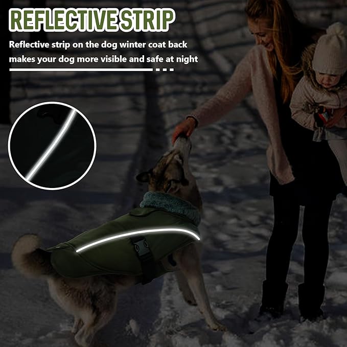 DENTRUN Dog Winter Coat - Windproof Reflective Jacket, Plush Turtleneck & Adjustable Belt, Water Repellent Fleece Lined Cold Weather Vest for Corgi Bulldog, Army Green, L