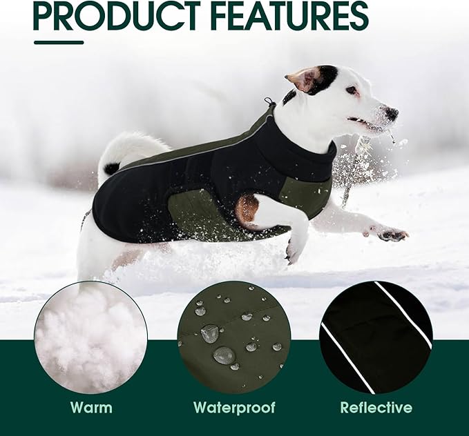 Kuoser Dog Winter Jacket, Winter Dog Coats for Medium Dogs, Reflective Doggie Cold Weather Coats Pet Clothes, Puppy Snow Jacket for Frech Bulldog, Boston Terrier, Green M