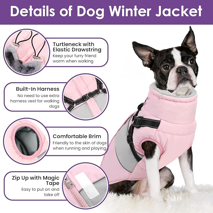 SUNFURA Dog Coat, XXXL Dog Jacket Winter with Harness Built in, Waterproof Pet Snow Jacket with Furry Collar for Chilly Day, Reflective Fleece Snowsuit for Extra Large Dogs, Pink 3XL