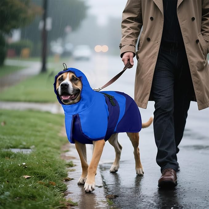 BRKURLEG Dog Raincoat Adjustable Dog Rain Jacket with Hood Dogs Waterproof Rainproof Jacket with Leash Hole Pet Poncho Rain Coat Poncho with Reflective Strip, Blue, M