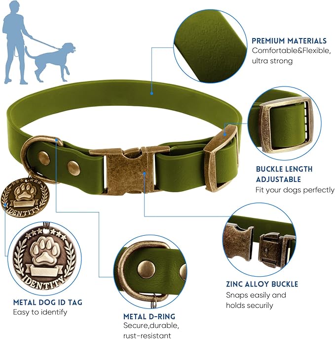Wisedog Dog Collar and Leash Set, Waterproof Adjustable Puppy Collars with Cute Tag 6FT Dog Leash with Poop Bag for Small Medium Large Dogs (S, Green)