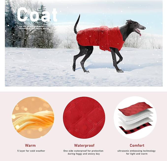 PAWZ Road Dog Winter Coat with 5 Layers Warm Material, Reversible Dog Clothes with 2 Sides, Dog Jacket Outdoor Water Repellent, (Red Plaid XL)