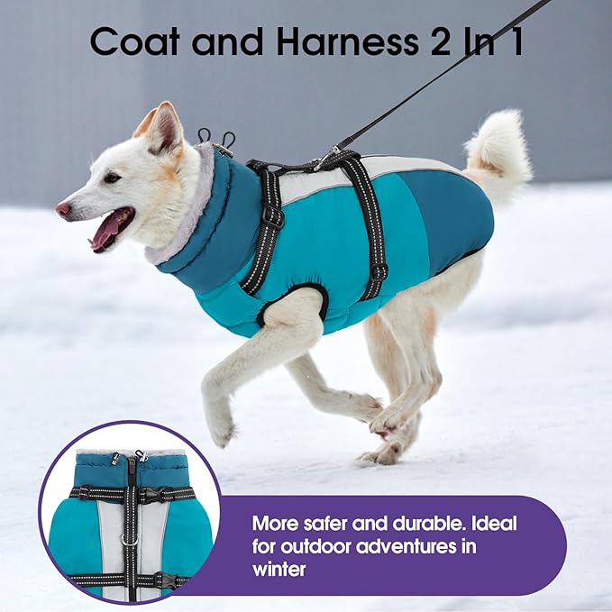 SUNFURA Large Dog Coat with Harness Built in, Warm Dog Jacket Waterproof Pet Winter Coat Snowsuit for Cold Weather, Reflective Fleece Jacket for Large Dogs, Border Collie, Turquoise XL