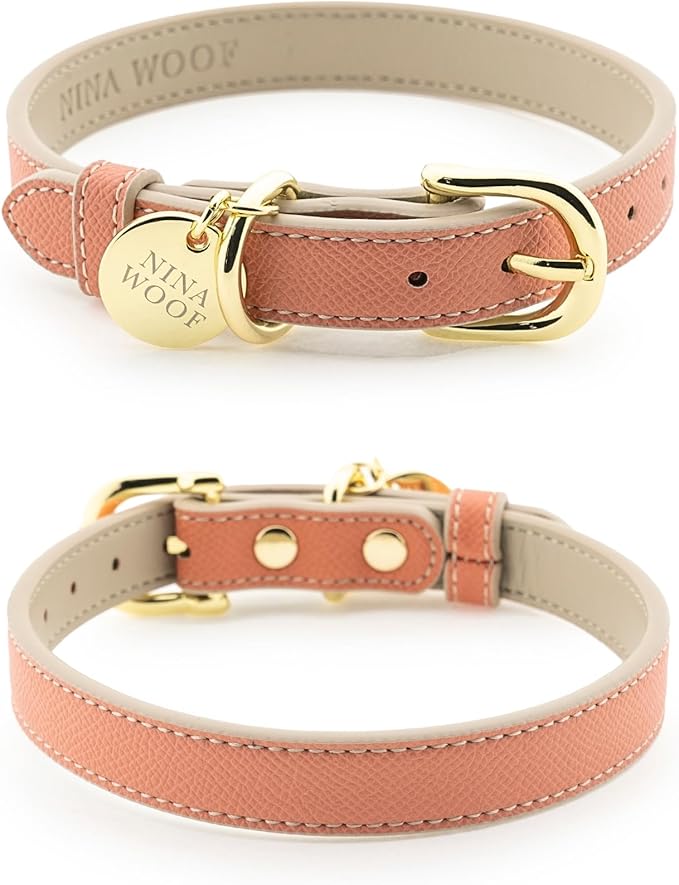 NINA WOOF Rio Padded Luxury Dog Collar - Vegan Leather, Adjustable Buckle - Fits Small to Large Dogs - Peach