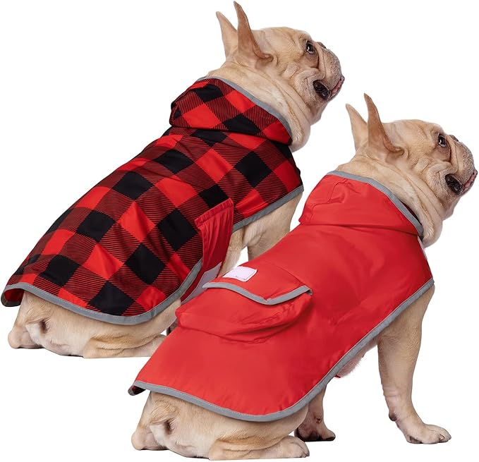 HDE Reversible Dog Raincoat Hooded Slicker Poncho Rain Coat Jacket for Small Medium Large Dogs Buffalo Plaid Red - S