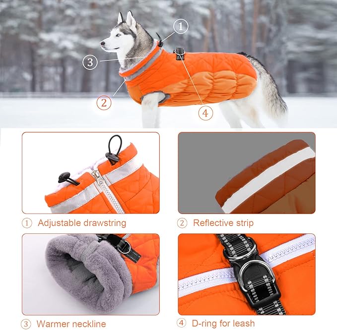 Lelepet Dog Coat Warm Dog Winter Coat Waterproof Dogs Jacket with Harness Built in Reflective Pet Fleece Vest Zip-Up Cold Weather Coats for Small Dogs Turtleneck & Windproof Yorkie Blaze Orange S