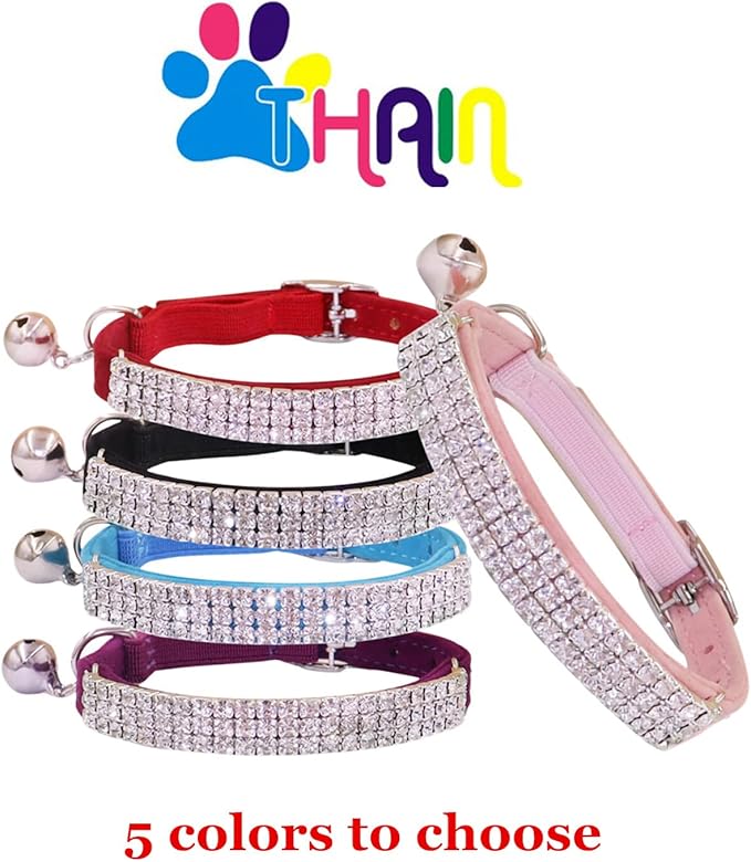 THAIN Rhinestones Cat Dog Collar Soft Velvet Safe Adjustable Collar Bling Diamante with Bells, 8-11 inch for Small Dogs and Cats (Black)