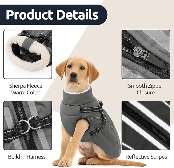 Dog Winter Coat with Harness Built in Warm Puffer Dog Jackets for Small Medium Large Dogs Windproof Waterproof Outfit with Plush Lining and Reflective Stripes (Grey, XS)