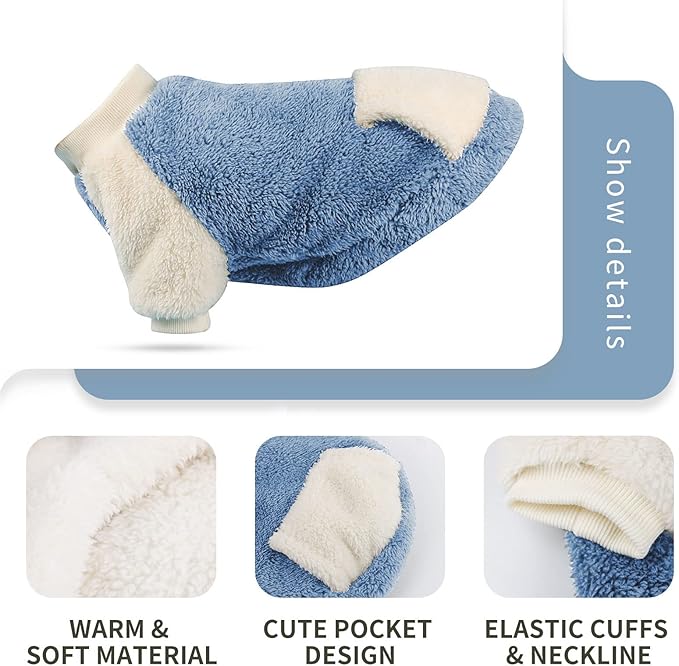 LESYPET Dog Sweater for Small to Medium Dogs, Fleece Lining Puppy Sweatshirt in Winter, Warm Puppy Clothes Pullover Jumper, Blue M
