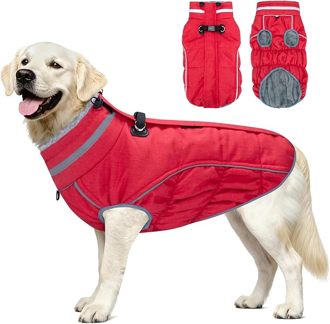 Malier Dog Coat, Reflective Dog Jacket Waterproof Windproof Puppy Cold Weather Coats with Harness Built in, Winter Extra Warm Pet Coat Fleece Vest for Small Large Pets and Puppy (Red, Large)