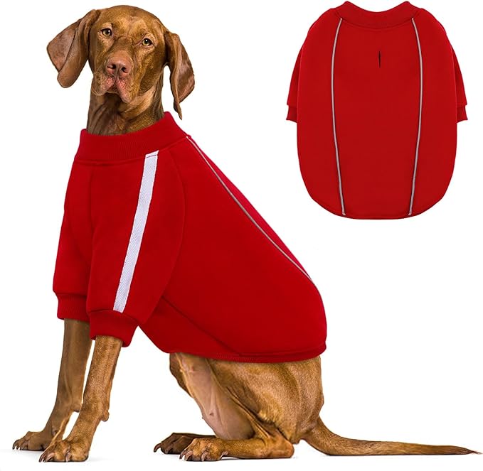 Queenmore XXXL Christmas Dog Sweater, Cozy Fleece Dog Sweatshirt, Warm Winter Fleece Jacket for Small, Medium & Large Dogs with Leash Hole/Reflective Stripes Red