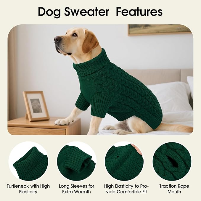 SAWMONG Dog Sweater, Dog Sweaters for Large Dogs Girls Boys, Pullover Turtleneck Knitted Doggy Sweatshirt, Cold Weather Pet Clothes（Green, 2X-Large