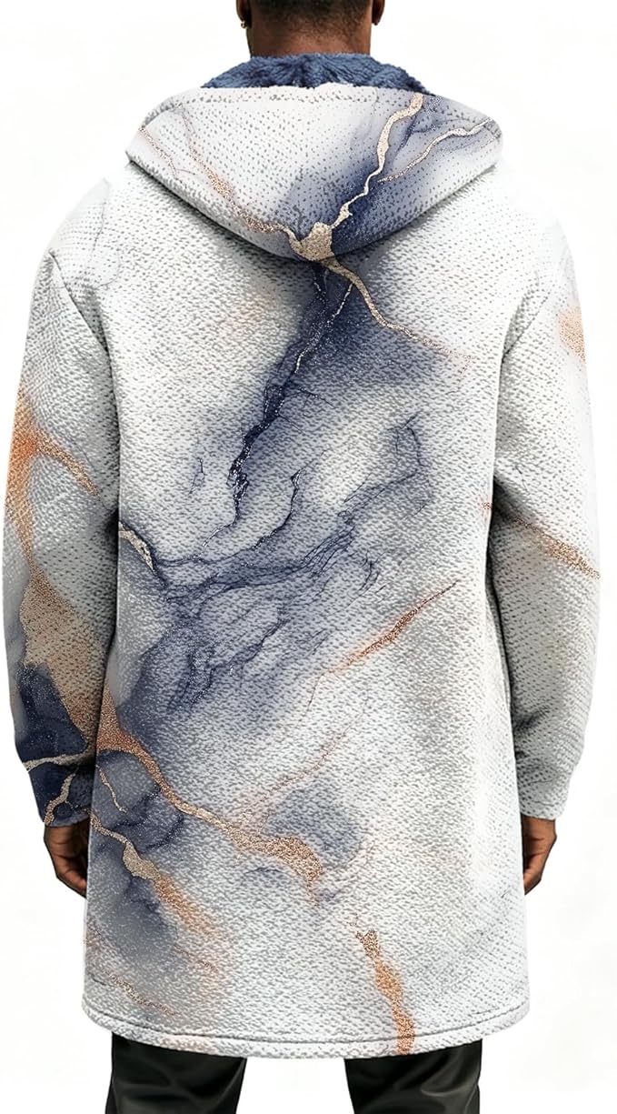 Mens Long Cardigan Hoodies Full Zip Fleece Lined Jackets Fashion Knitted Color Block Hooded Coat with Pockets