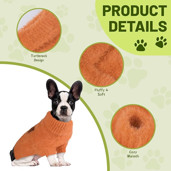 Small Dog Furry Pullover Sweater, Classic Turtleneck Dog Clothes for Cold Weather Cute Warm Pet Clothes for Chihuahua, Bulldog, Dachshund, Pug Orange Small