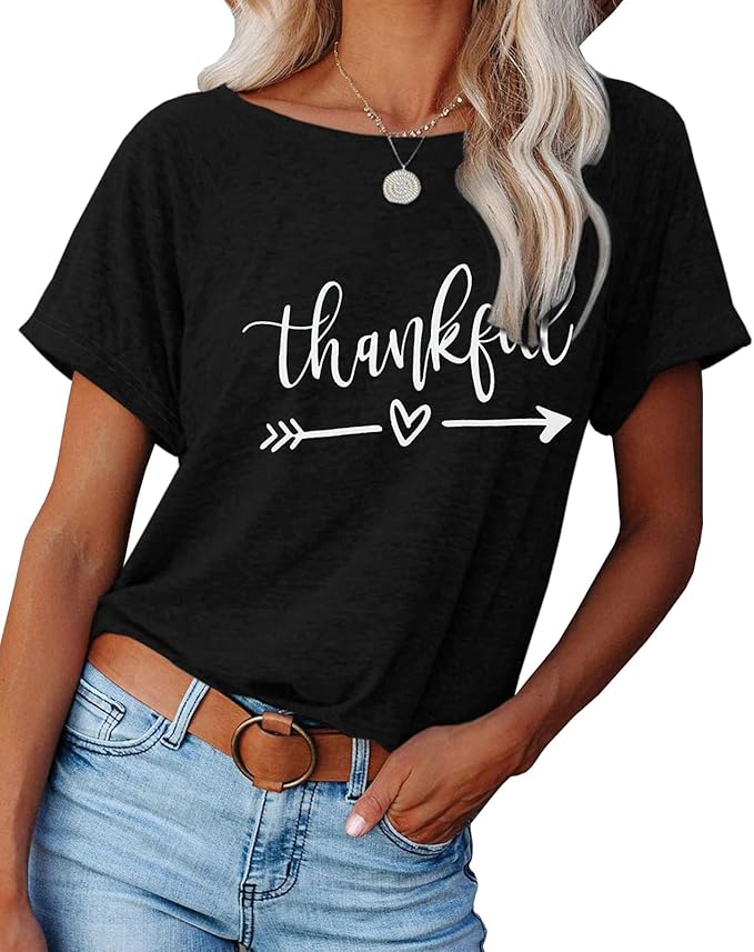 NIUBIA Women's T Shirts Summer Tops Simple Heart Graphic Shirts Sayings Short Sleeve Vacation Casual Blouse Thankful Tee