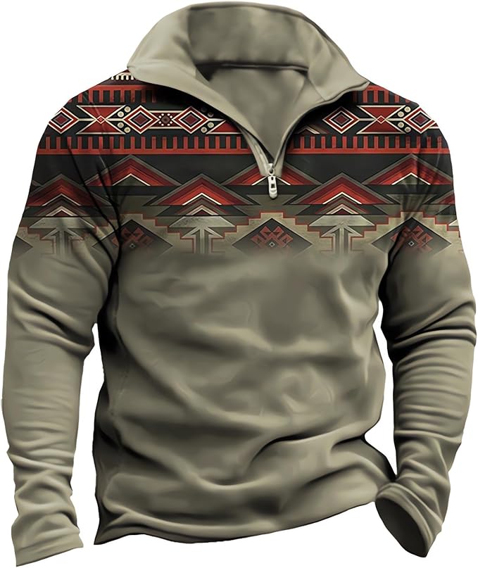 HOTYD Aztec Cowboy Mens Hoodie Vintage Graphic Western Hoodies Casual Long Sleeve 1/4 Zip Pullover Mens Country Jacket