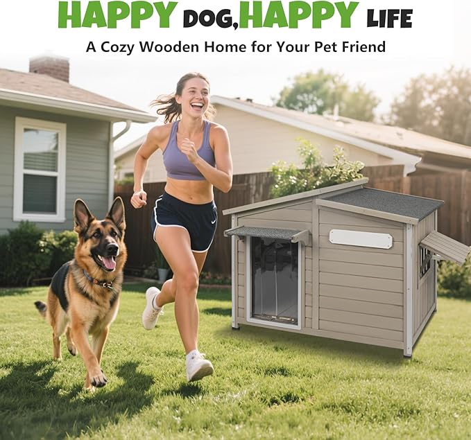 Large Outdoor Wooden Dog House, Weatherproof Dog Houses with Adjustable Vent Windows, Alloy Chew-Resistant Frame, Removable Floor for Medium & Large Dogs, (43.5" L x 29.5" W x 33.5" H)