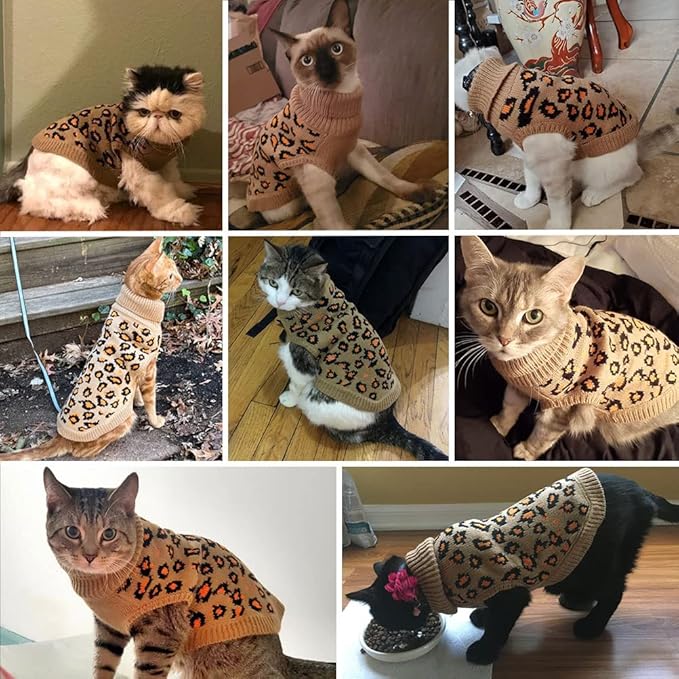 Mihachi Winter Warm Cat Sweater Turtleneck Puppy Pets Sweater Knit Vest Fashion Leopard for Cats Puppy Small Animals Brown Small