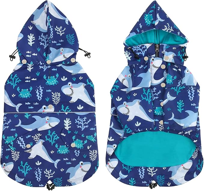 HDE Dog Raincoat Poncho Double Layer Zip Rain Jacket with Removable Hood, Leash Hole for Small to 3XL Dogs and Puppies Sharks - M
