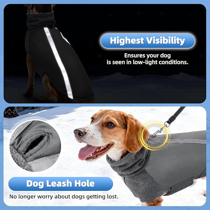 SlowTon Winter Dog Coat, Warm Polar Fleece Lining Doggie Outdoor Jacket with Turtleneck Scarf Reflective Stripe Adjustable Waterproof Windproof Puppy Vest Soft Pet Outfits (L+,Grey)