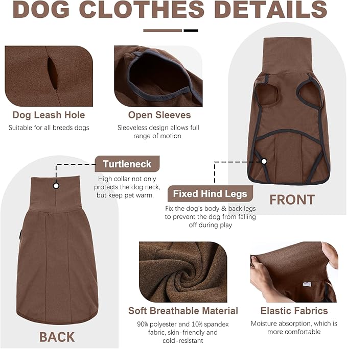 ROZKITCH Turtleneck Dog Pajamas for Large Dogs, Pet Windproof Warm Cold Weather Jacket Vest Cozy Jumpsuit Apparel Outfit Clothes for Walking Hiking Travel Sleep Brown 2XS
