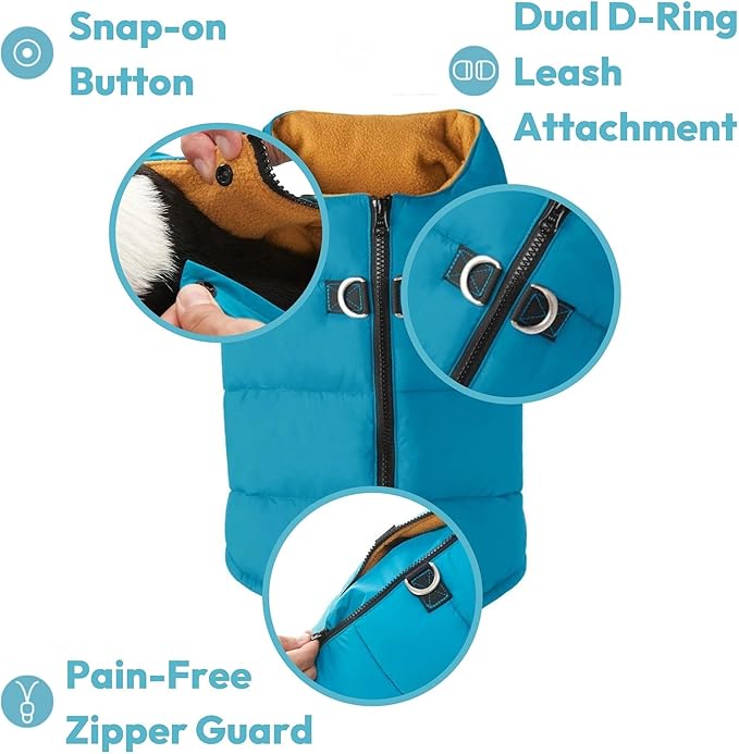 Gooby Padded Vest Dog Jacket - Solid Turquoise, Large - Warm Zip Up Vest Fleece Jacket with Dual D Ring Leash Water Resistant for Small to Medium Dogs