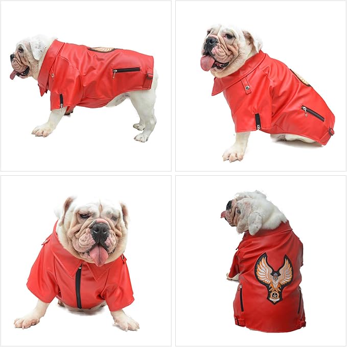 Lovelonglong Cool Dog Leather Jacket, Warm Coats Dogs Windproof Cold Weather Coats for Large Medium Small Dogs with Eagle Embroidery Red B-M
