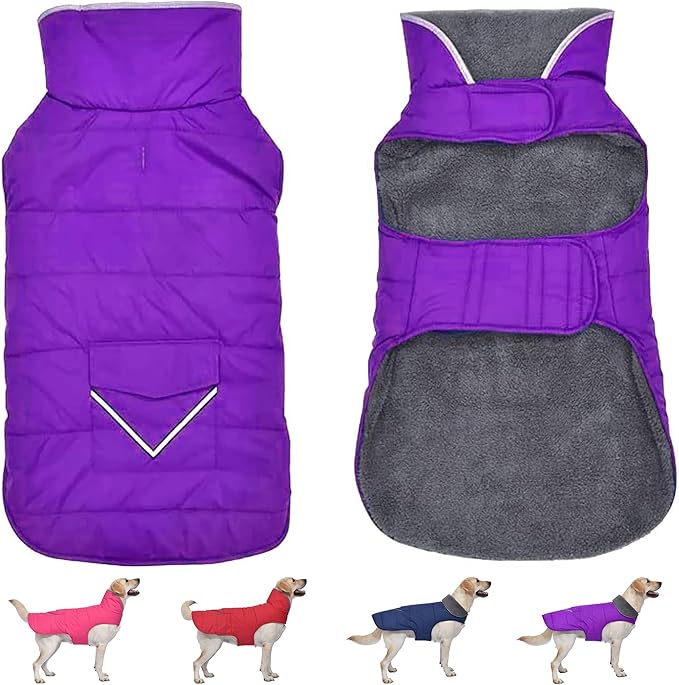 Dog Coat, Waterproof Dog Winter Jacket with Pocket, Reflective Adjustable Pet Snow Vest, Warm Cozy Fleece Sweater for Small Medium Extra Large Dogs - Purple, 3XL