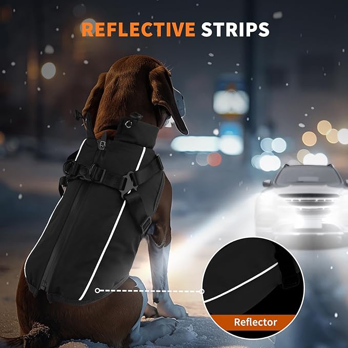 Dog Winter Coat Reflective Water-Resistant Jacket, Fleece Lined Windproof Puppy Coat with Back Zipper & D-Ring, Cold Weather Dog Coats for Small Medium Large Dogs (XXL, Black)