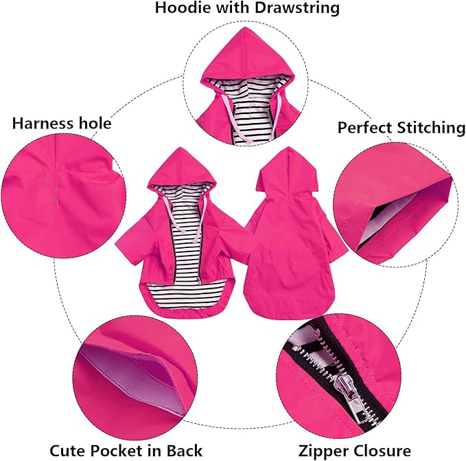 Dog Raincoat rain Jacket Raincoat Dogs Waterproof Small Medium Breeds Zip Closure Storage Pocket Harness Hole Pink XL