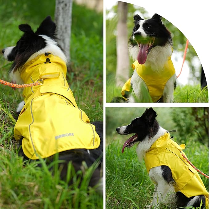 Waterproof Dog Raincoat with Reflective Strip, Adjustable Breathable Rain Coat Jacket with Leash Hole for Dogs (Yellow, Large)